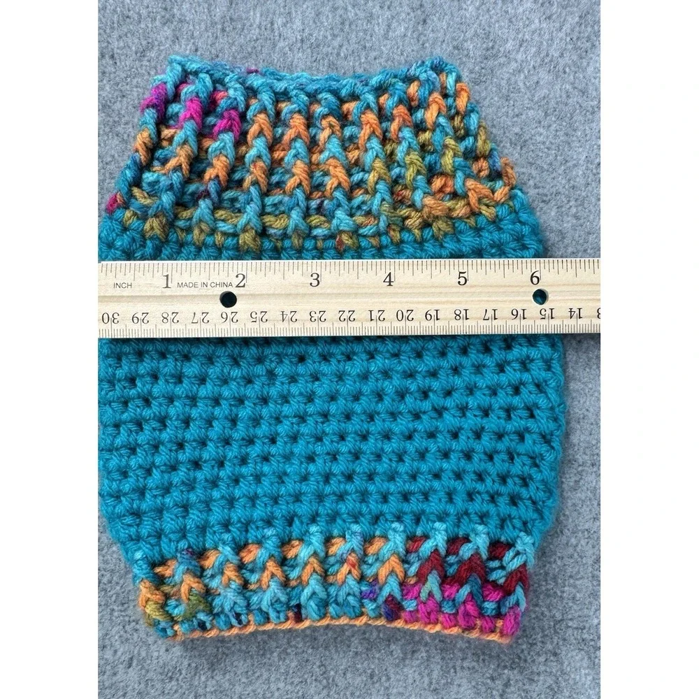 Dog Sweater & Hat Set Small Teal Multicolor‎ Handmade Crochet Pom Pom Puppy